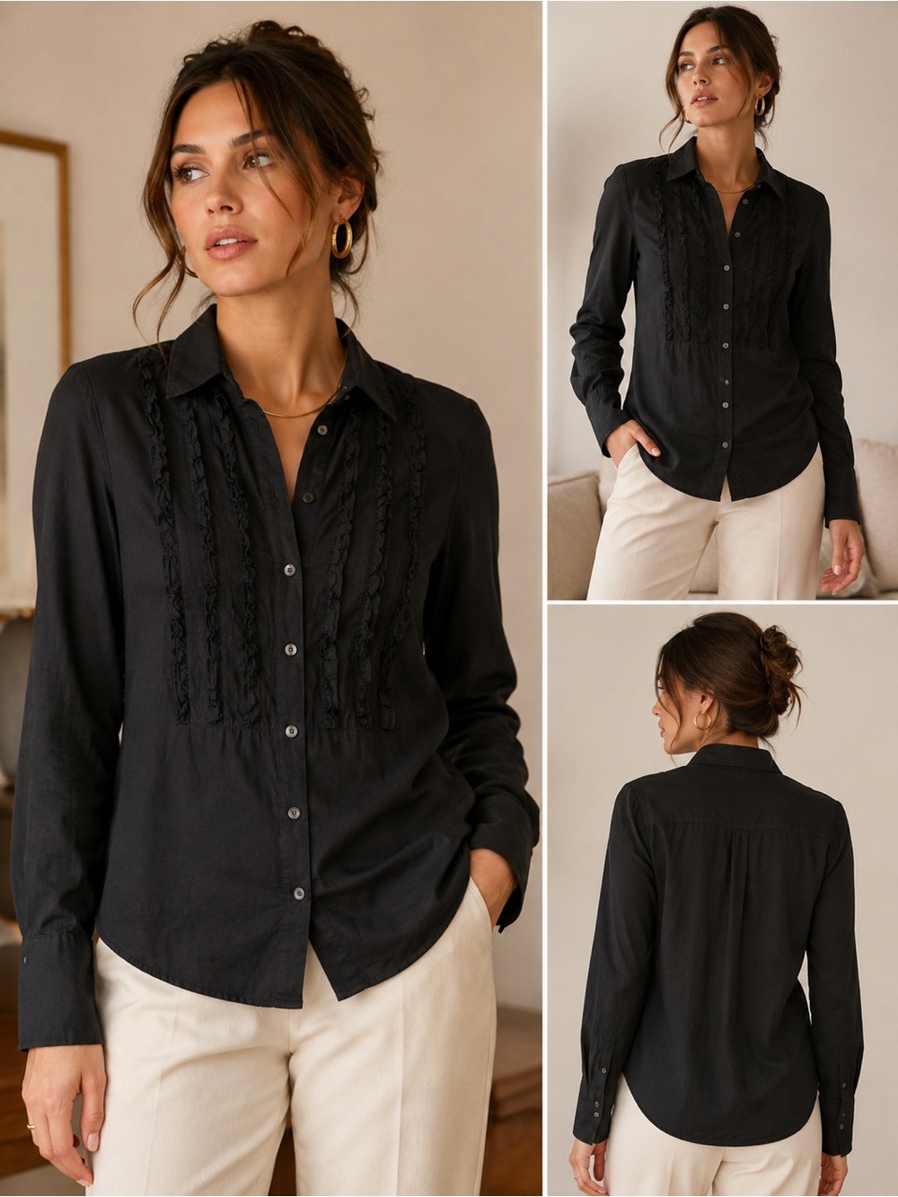 J.Crew Black Ruffle Pintuck Button Down Long Sleeve Shirt
